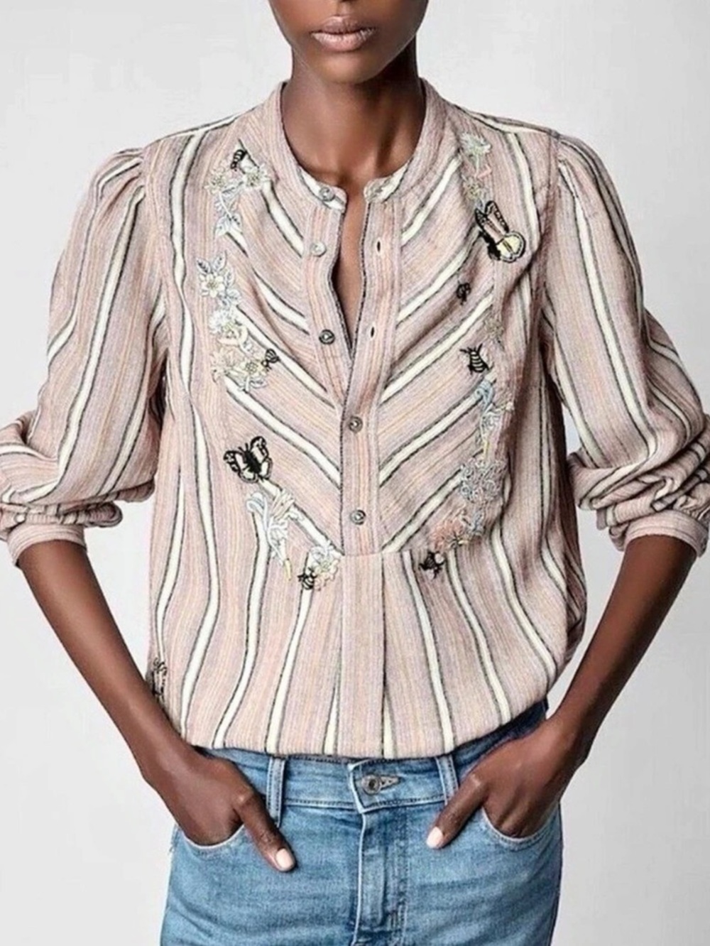 Zadig & Voltaire Teda Raye Brod Embroidered Striped Cotton Blouse M NWT